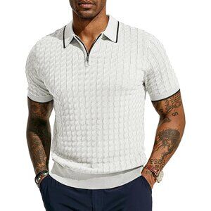 Men's Knit White Viscose Polyamide Blend Short Sleeve Quarter Zip Polo Shirt